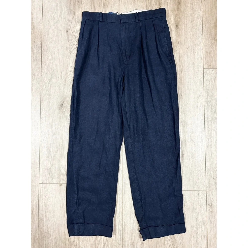 Polo Ralph Lauren Mens 32x30 Navy Blue 100% Linen Pleated Cuffed Trousers Pants